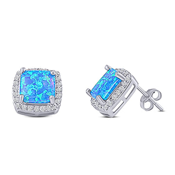 Halo Art Deco Cushion Cut Stud Earring Lab Created Blue Opal Solid 925 Sterling Silver (11mm)